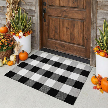 Fall Decor Cotton Buffalo Plaid Rug, 2'x3' Black and White Outdoor Porch Front Door Mat, Washable Doormat Hand-Woven