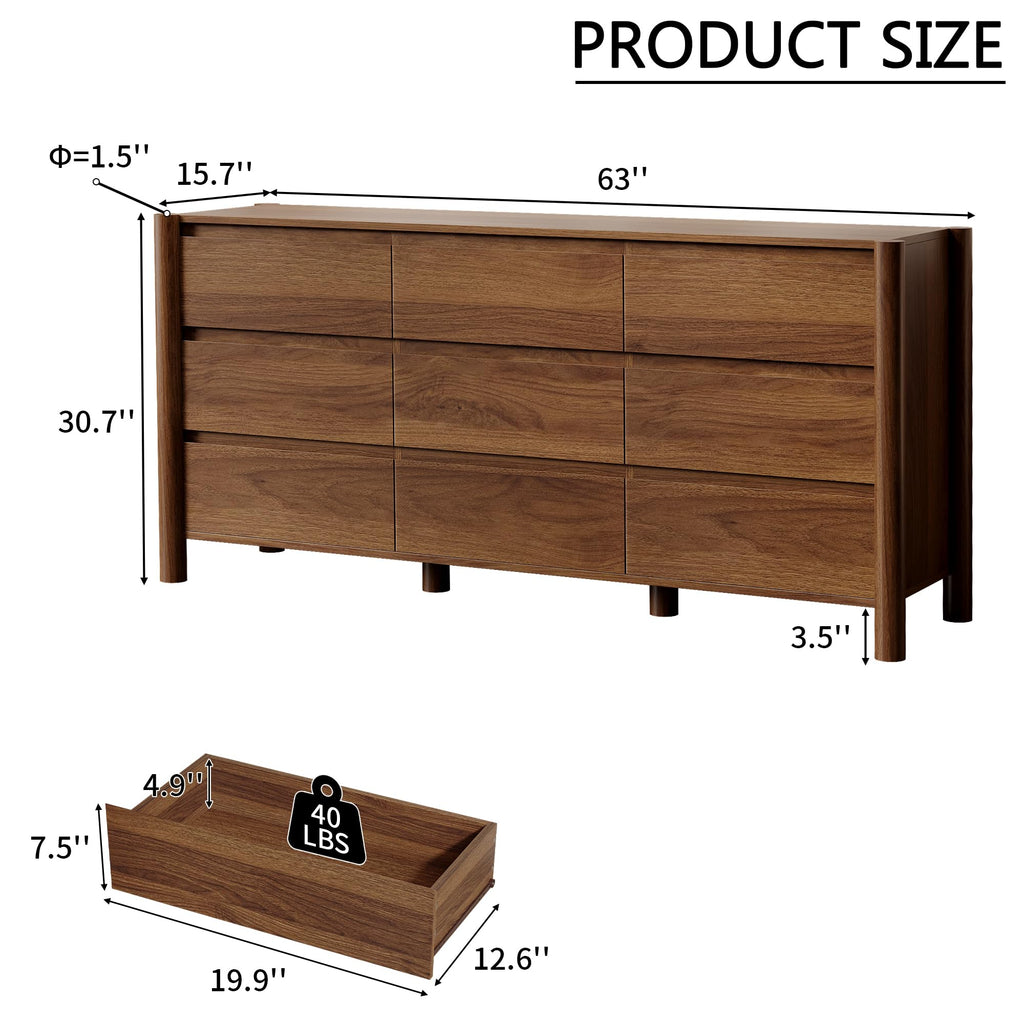Walnut Dresser, 63"Wide 9 Drawer Mid Century Modern Chest