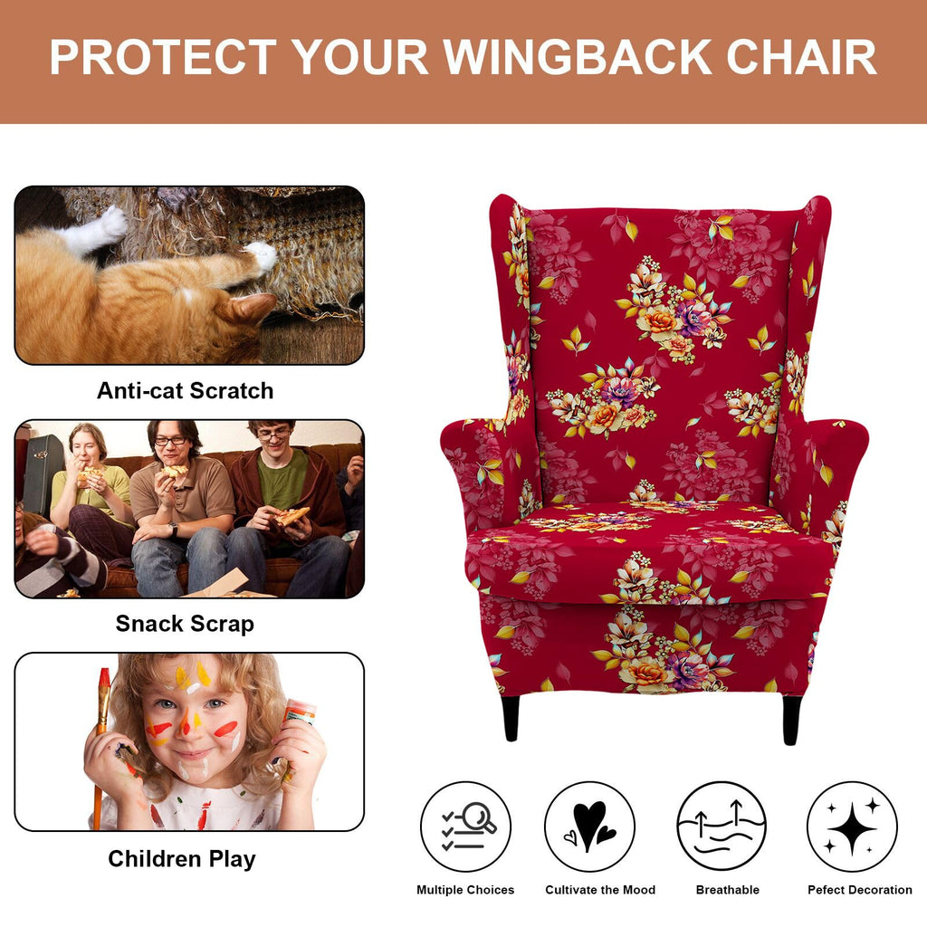2 Piece Wingback Chair Covers Stretch Wing Chair Slipcover Printed Wing Back Chair Covers with Arms Washable Spandex