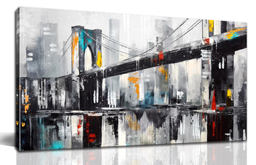 York City Wall, Brooklyn Bridge Canvas Wall Decor, Black and White Cityscape Print Paintings, Size 24x48 Inches