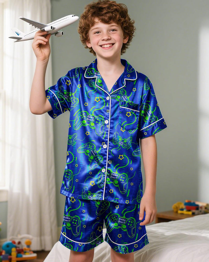 Boys Pajamas Boys Satin Pajamas Set Summer Short Sleeve Button-Down & Shorts Pjs Kids Boy Silky Pajama