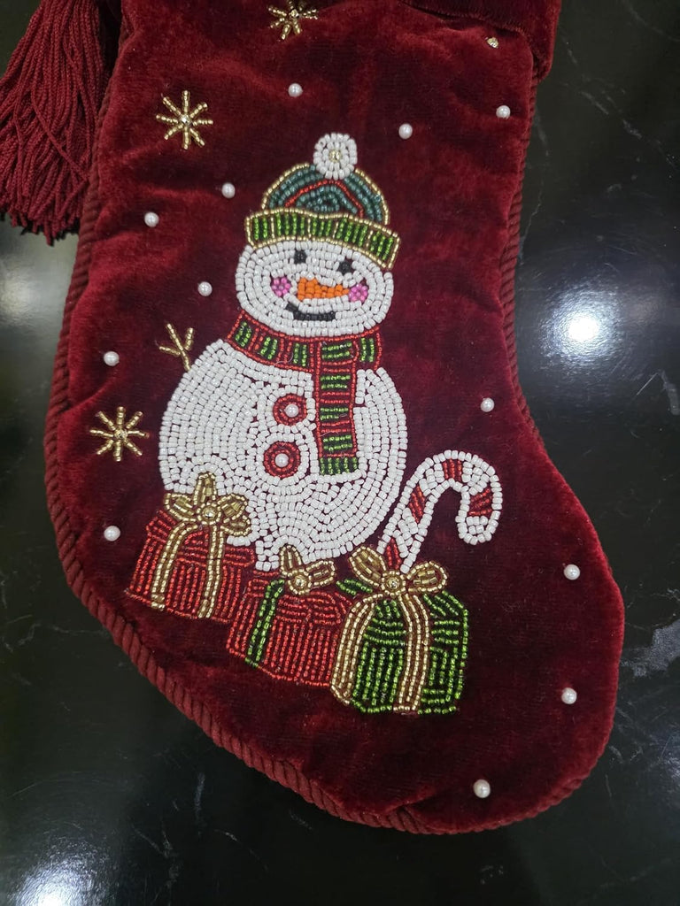 Handmade 12 Inch Red Velvet Christmas Stocking with Beaded Snowman, Holiday Stocking with Tassel, Embroidered