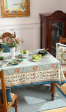 Designer French Linen Blue Tablecloth for Rectangle Table,Vintage Floral Table Cloth,Colorful Decora