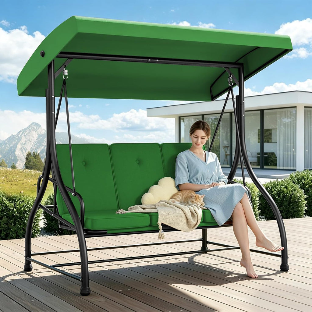 3-Seat Porch Swing with Adjustable Canopy w/Stand, Patio Glider Swings with Removable Cushions, 3 Person Large