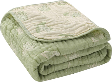 Muslin Baby Blanket, Organic Cotton Blend Jacquard (Matcha Floral)