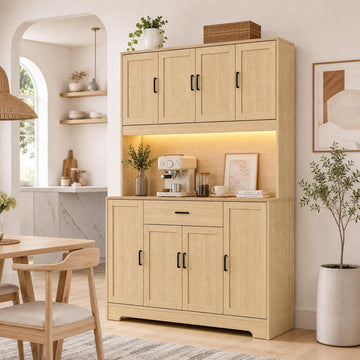 71" Kitchen Pantry with LED Lights, Farmhouse Hutch Storage Cabinet | Tall Coffee Bar, 55" Wide Countertop with