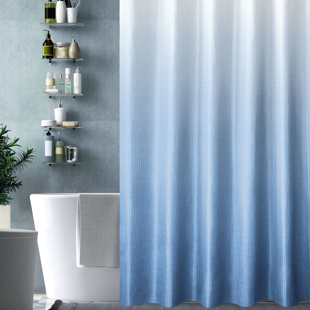 Blue Shower Curtain, Waffle Weave Textured Ombre Fabric Shower Curtain Set with Hooks, Water Repellent, Machine