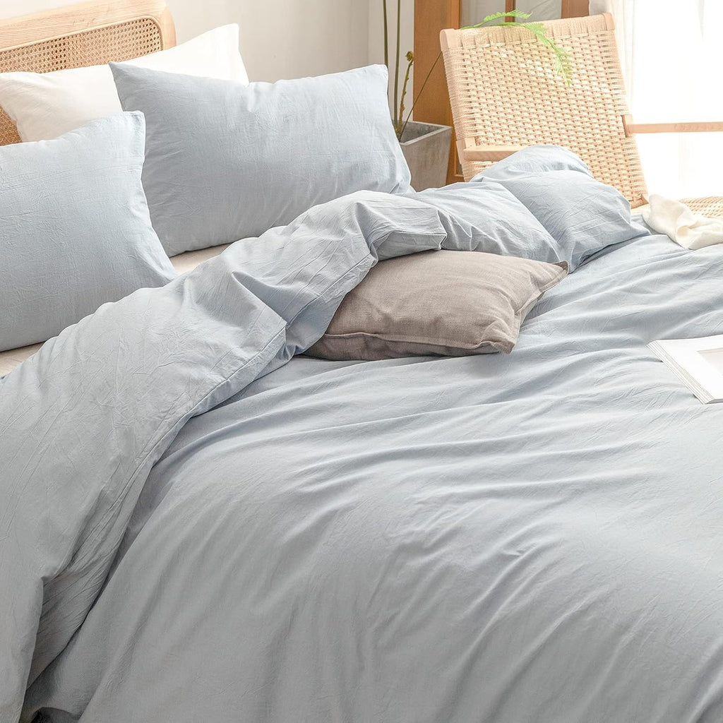 Cotton Solid Duvet Cover Set Linen Feel Cornflower Blue King | Washed Cotton, Linen Feel, Soft Wrinkle Texture