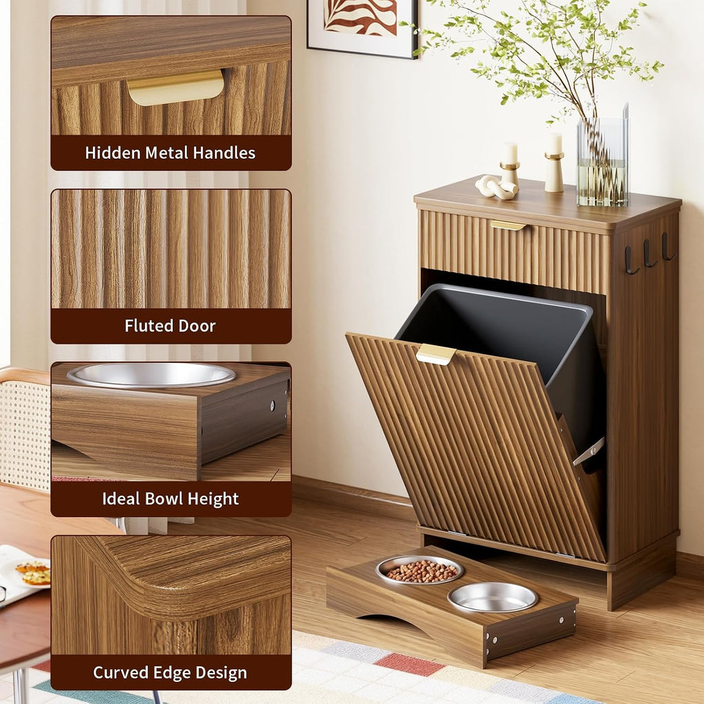 Pet Feeding Station, Dog Food Storage Cabinet with 2 Hidden Bowls, Walnut