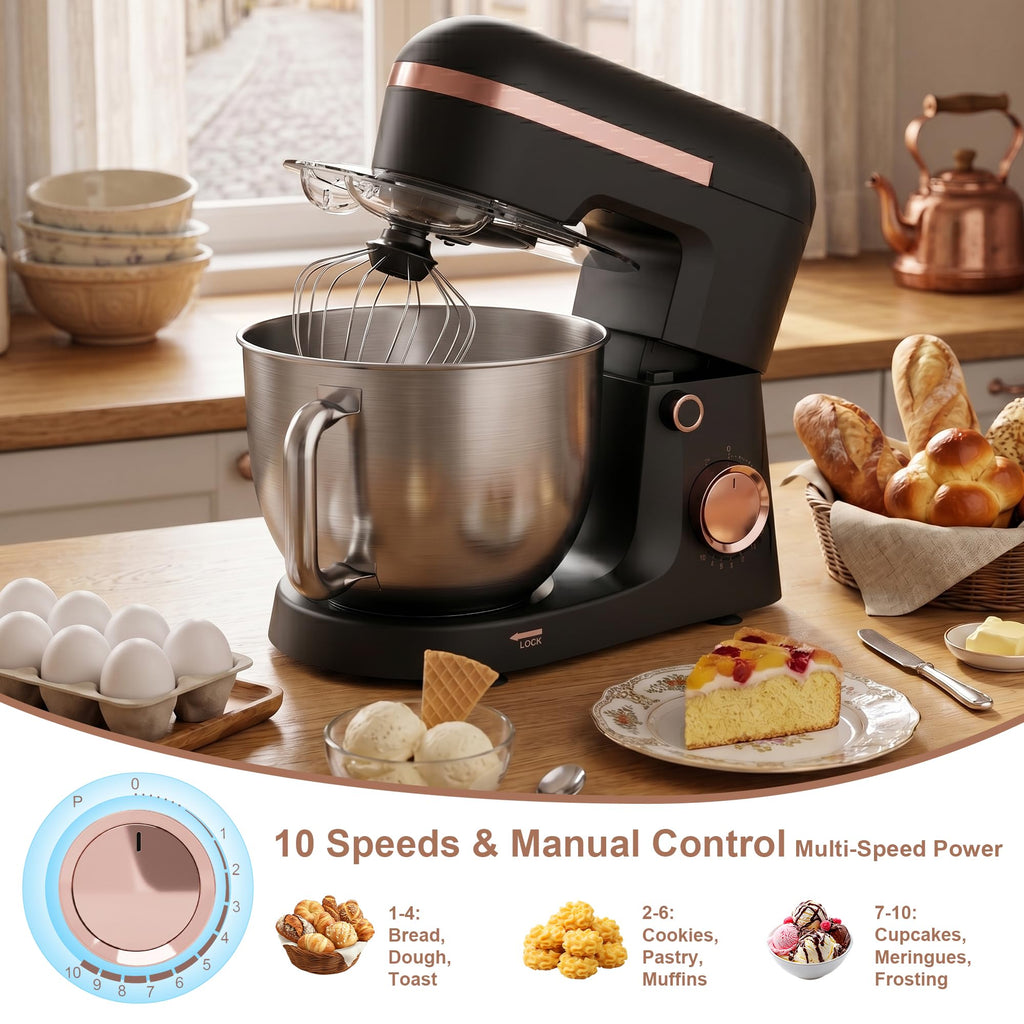 6.5 Qt 10-Speed Tilt-Head Stand Mixer with Dough Hook, Whisk, Beater & Splash Guard, Electric Kitchen Mixer for