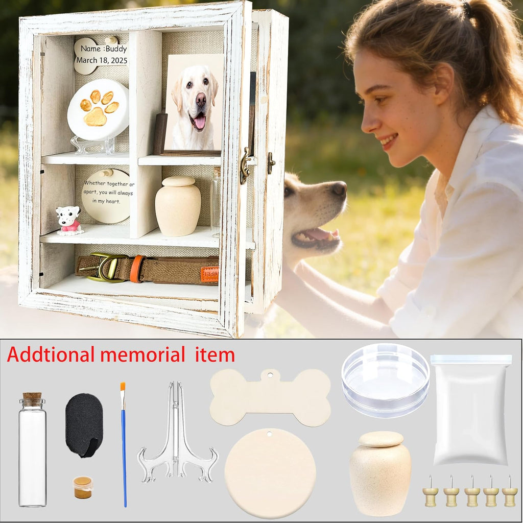Solid Wood 11x14 Pet Memorial Shadow Box Frame with Adjustable Shelves Paw Print Kit Pet Urn Ashes Display Case White