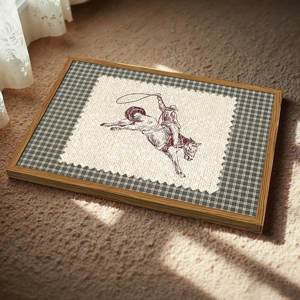 Framed Vintage Western Cowboy Wall Art, Southwestern Horse Rodeo Pictures Wall Decor, Mid Century Modern Green