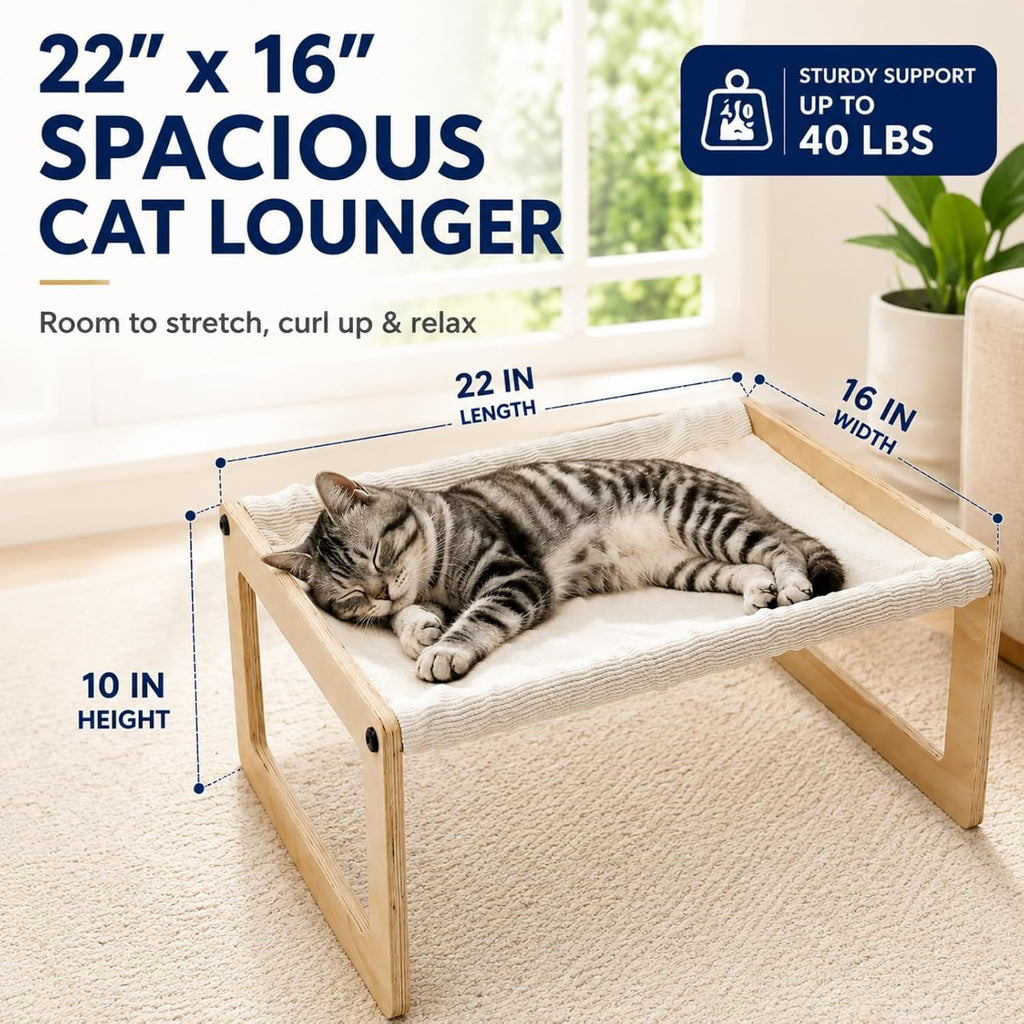 Elevated Cat Bed, Wooden Cat Hammock with Breathable Washable Cushion