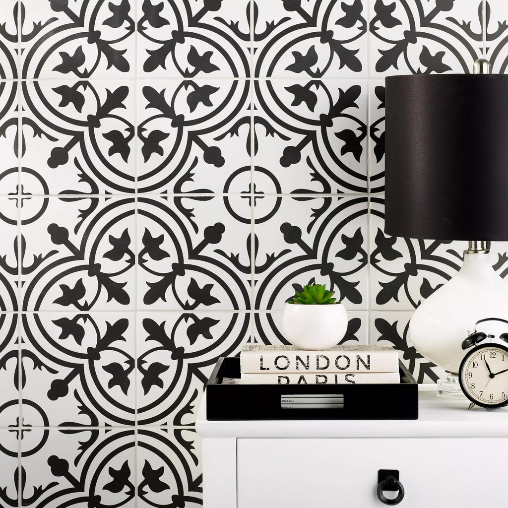 Noir Vine 8" x 8" Black and White Matte Porcelain Tile for Floor and Wall, Spanish Decorative Pattern, Indoor Outdoor