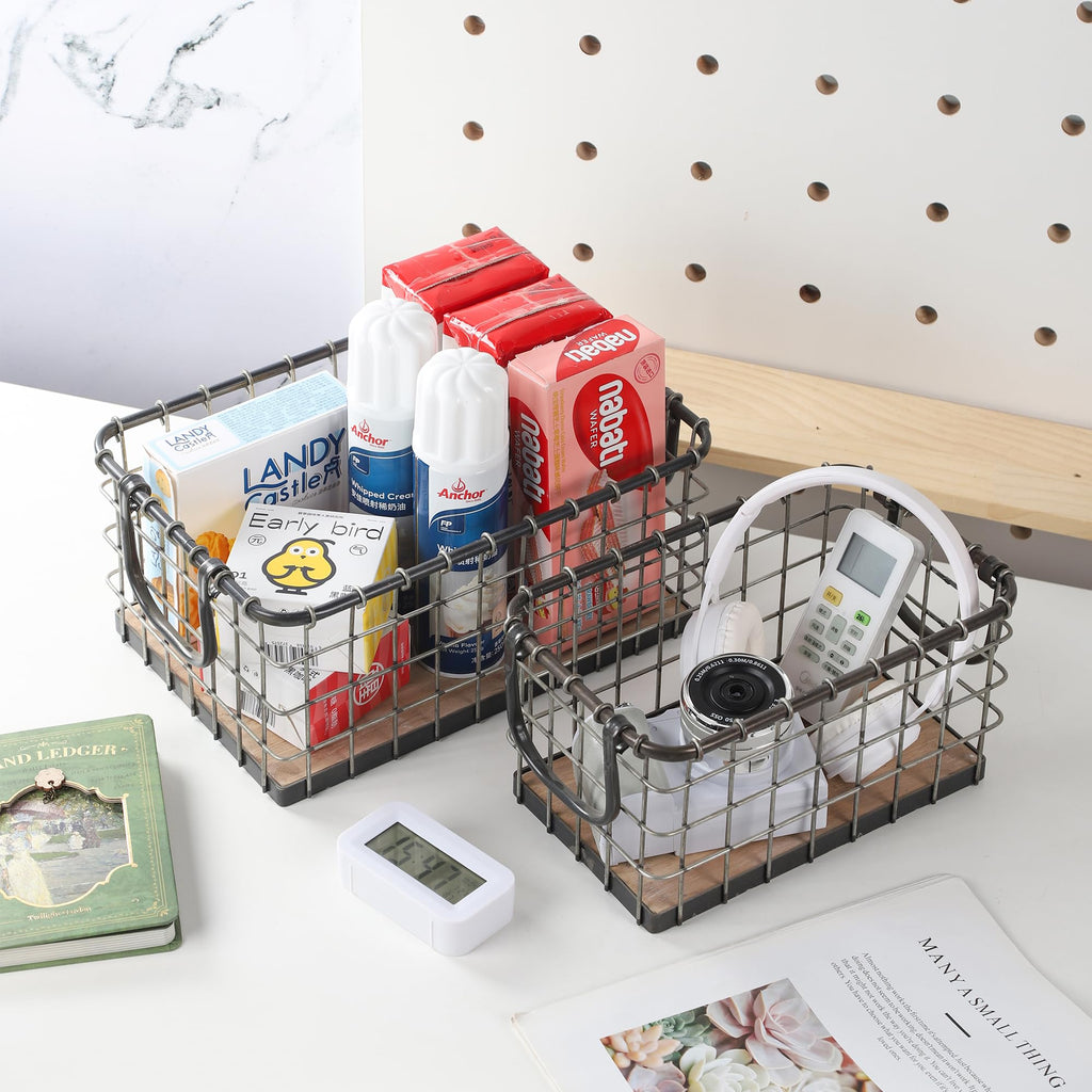 13.8" Wide Rectangular Sturdy Hand Welded Farmhouse Metal Wire Basket with Rustic Wooden Bottom For Shelves, Closet