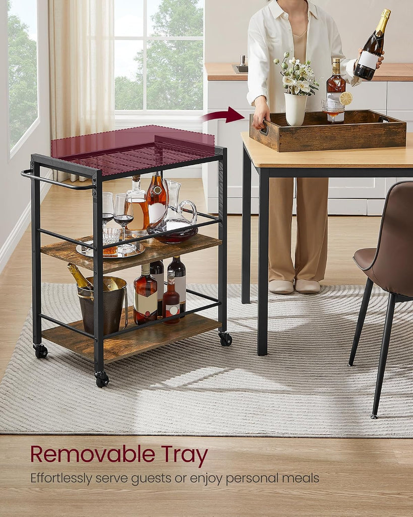 Kitchen Serving Cart with Removable Tray, 3-Tier Kitchen Utility Cart on Wheels with Storage, with Brakes, Leveling