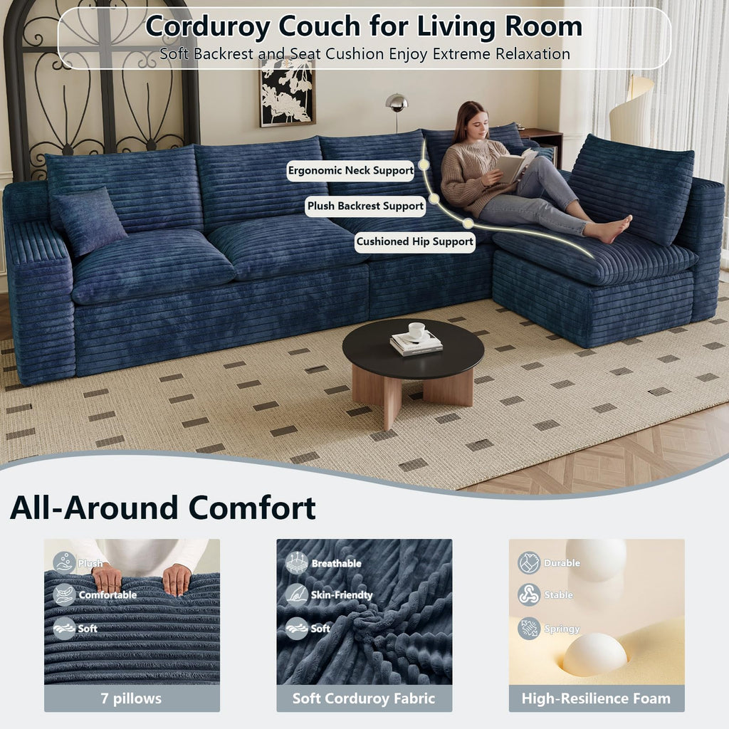 136" Cloud Boneless Sectional Couches 5-Seater, Blue