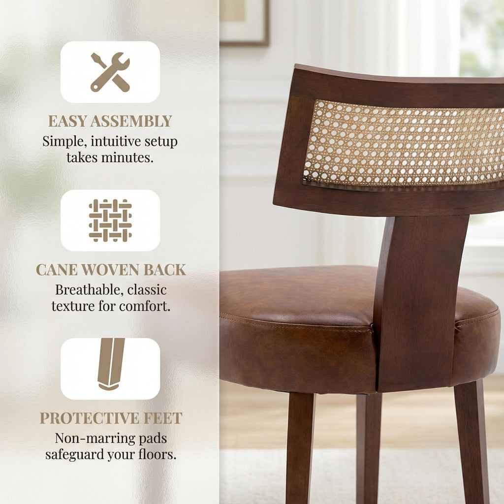 Mid Century Modern Rattan Dining Chairs Set of 6, Farmhouse PU Leather Upholstered Accent Chair Curved Backrest