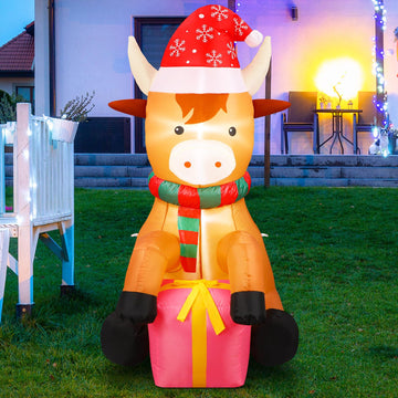 5FT Christmas Inflatable Highland Cow with Santa Hat Decoration