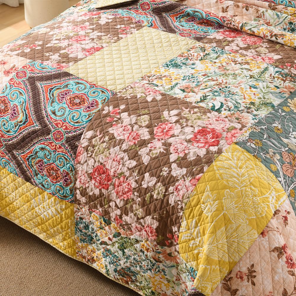 Cotton Quilt, Soft Breathable Bedspread with 2 Shams, Rustic Luxury Paisley Patchwork Quilt, Reversible