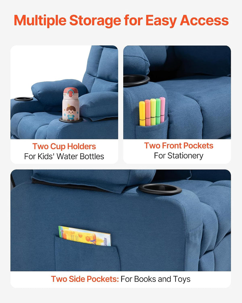 Kids Recliner Chair, Toddler Lounger with Cup Holders & Pockets, 107° to 126° Adjustable Back, Breathable Polyester