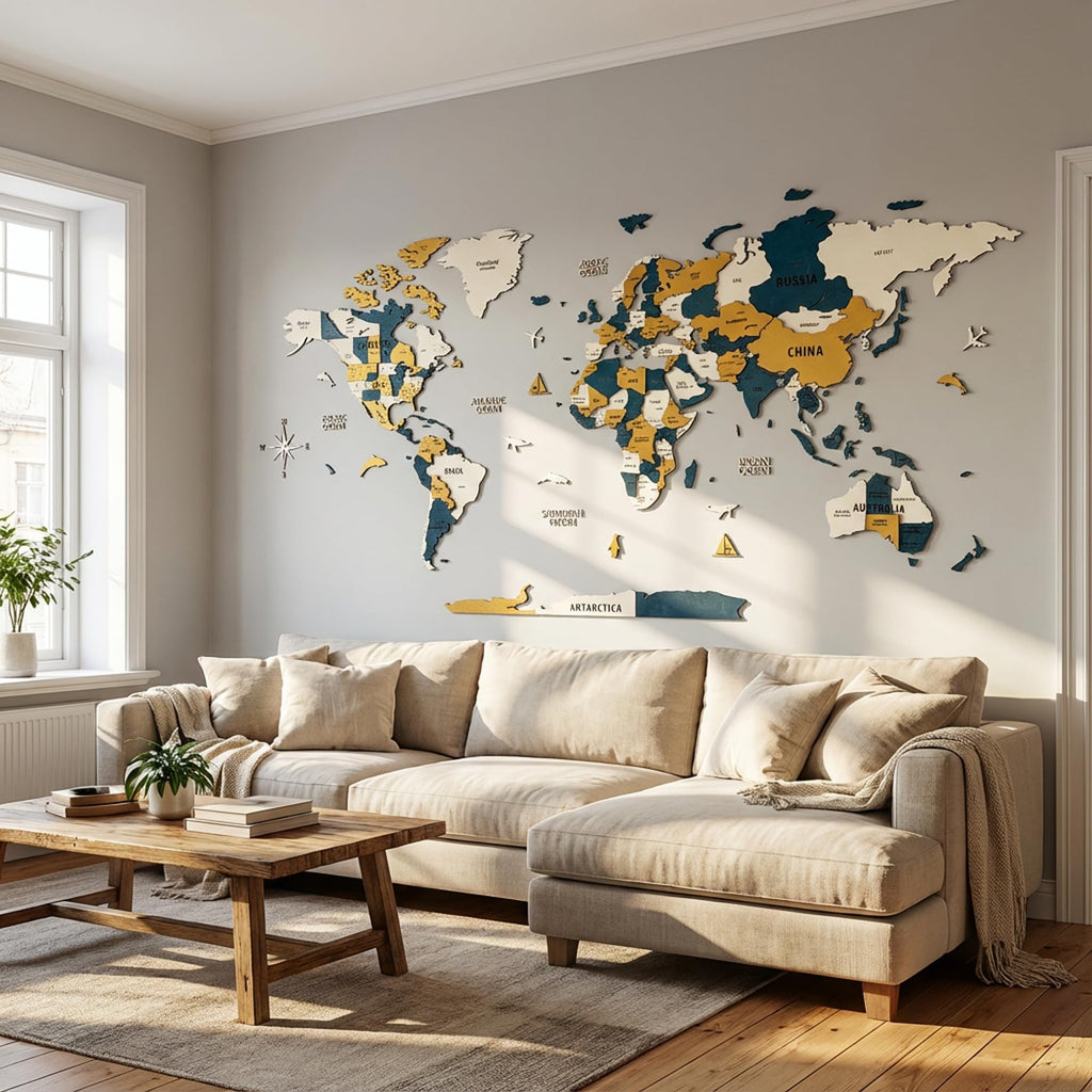 Layered 3D Wooden World Map Wall Art (XXL, Gold-Blue)