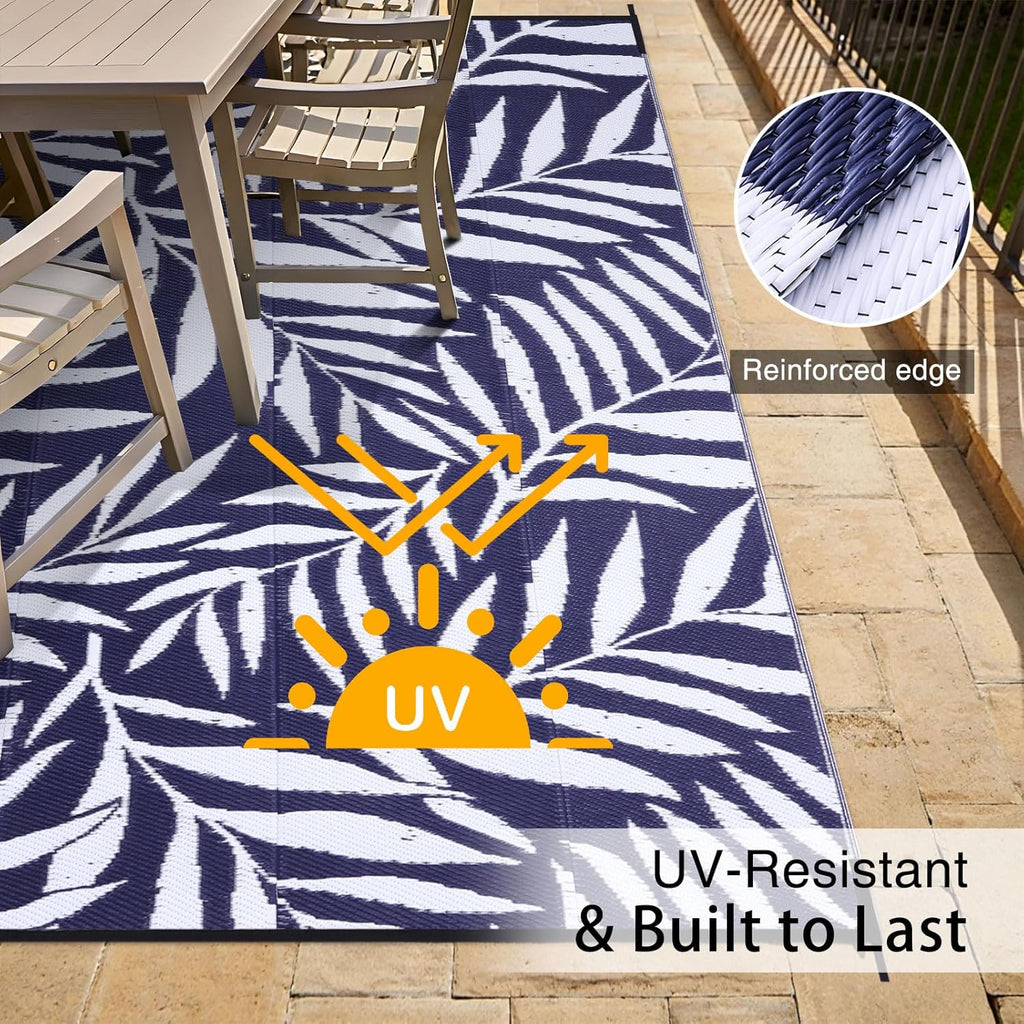 Waterproof Outdoor Rug 9x12 ft, Reversible Outdoor Plastic Straw Rug with Leaf Pattern, RV Mat, Indo