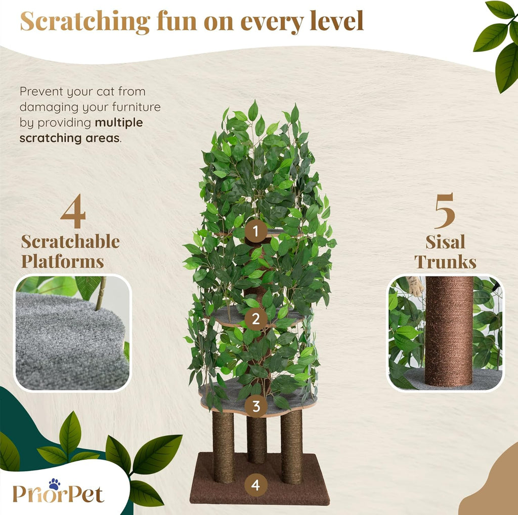 Cat Tree with Leaves - Stable & Space-Saving Design - 4 Scratch Levels & 5 Scratching Posts