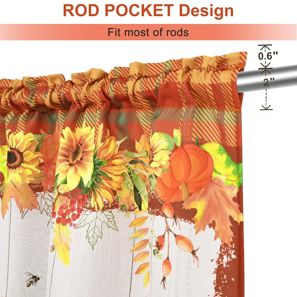 Fall Thanksgiving Swag Curtain - Pumpkin Sunflower, Buffalo Plaid Kitchen Curtain - 61" W x 36" L, 1 Panel Rod Pocket