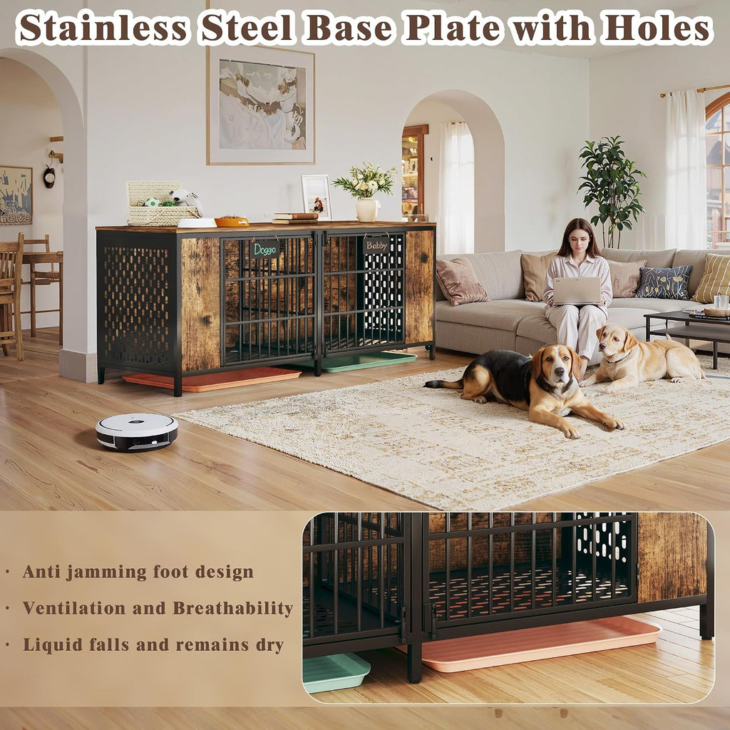 63" Large Double Dog Kennel Furniture for 2 Dogs - Extra Sturdy XXL Metal & Wooden Medium Dog Cage with Removable