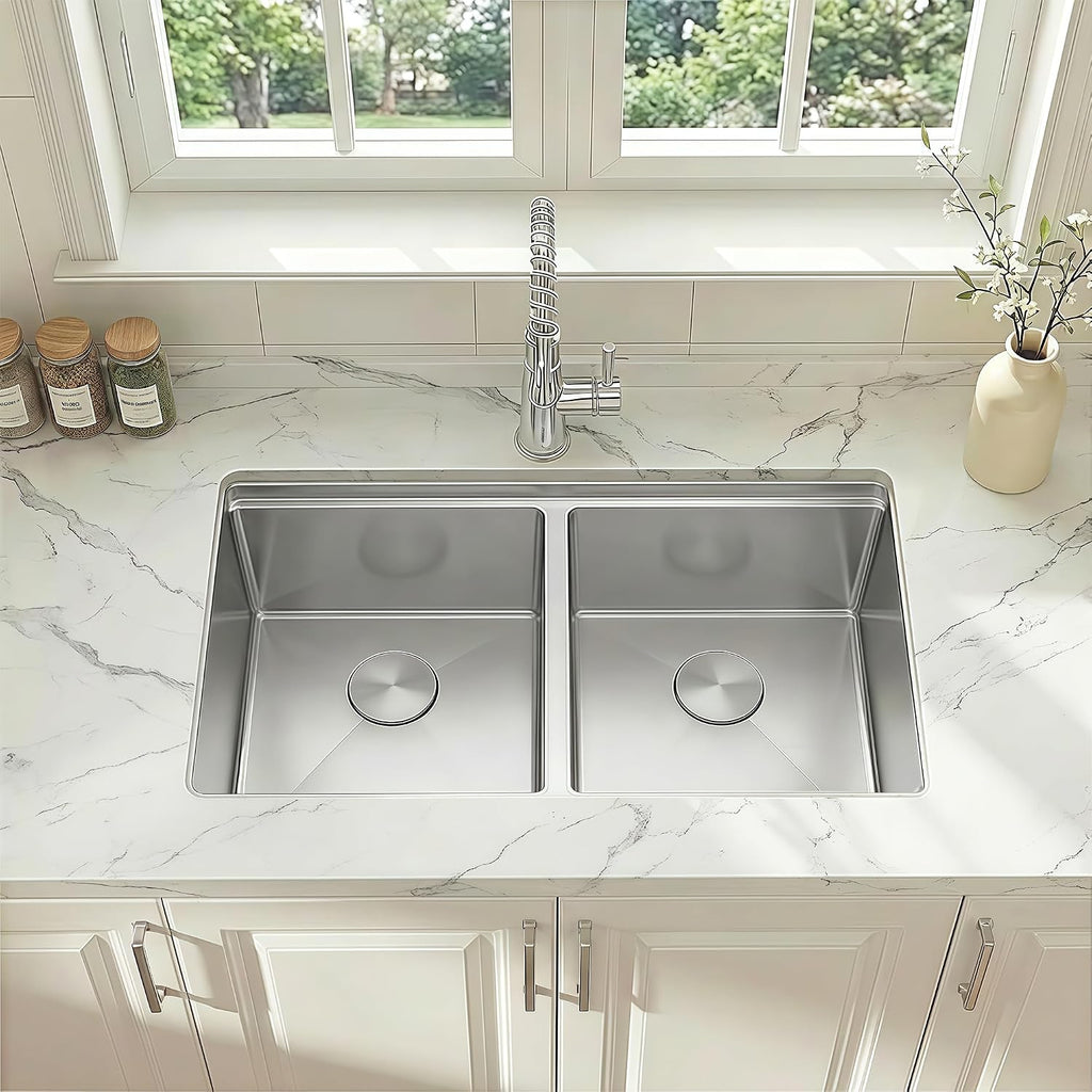 32 Inch Sink Undermount Double Bowl, 16 Gauge 50/50 Double Bowl Stainless Steel Workstation Sink, 32"x18"x10" Large