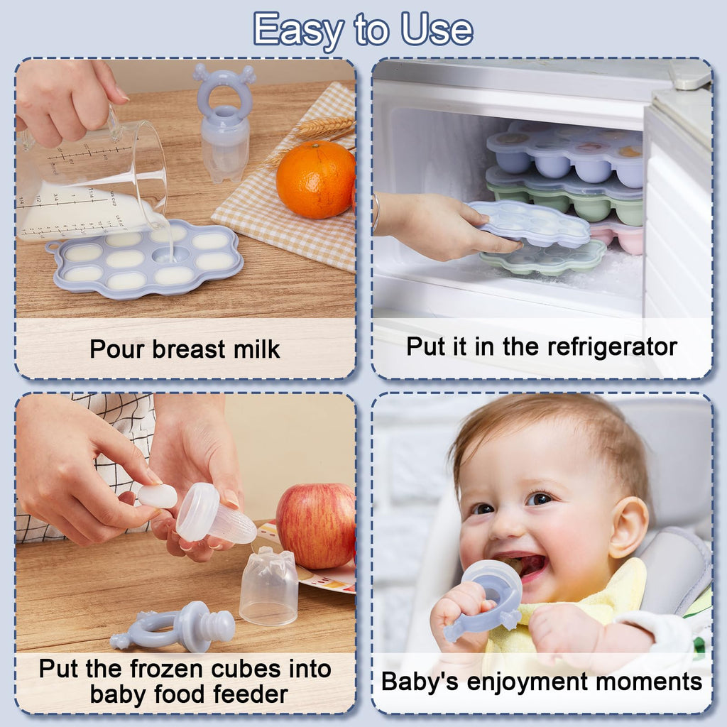 Silicone Baby Fruit Feeder with Freezer Tray 2 Pack, Breastmilk Popsicle Molds for Teething Relief, BPA Free Food