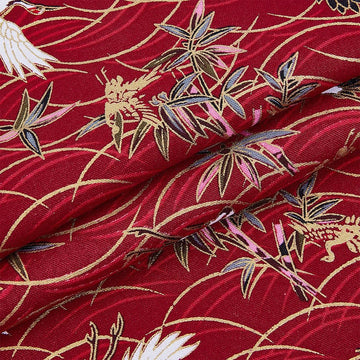 1.1 Yard 59 Inch Dark Red Japanese Crane Printed Cotton Fabrics Japanese Style Quilting Fabric Bronzing Design for