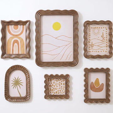6 Pcs Antique Picture Frames, Scalloped Wavy Edges,Wood,Retro | Vintage Wooden Photo Frame Set, Mixed Sizes, for
