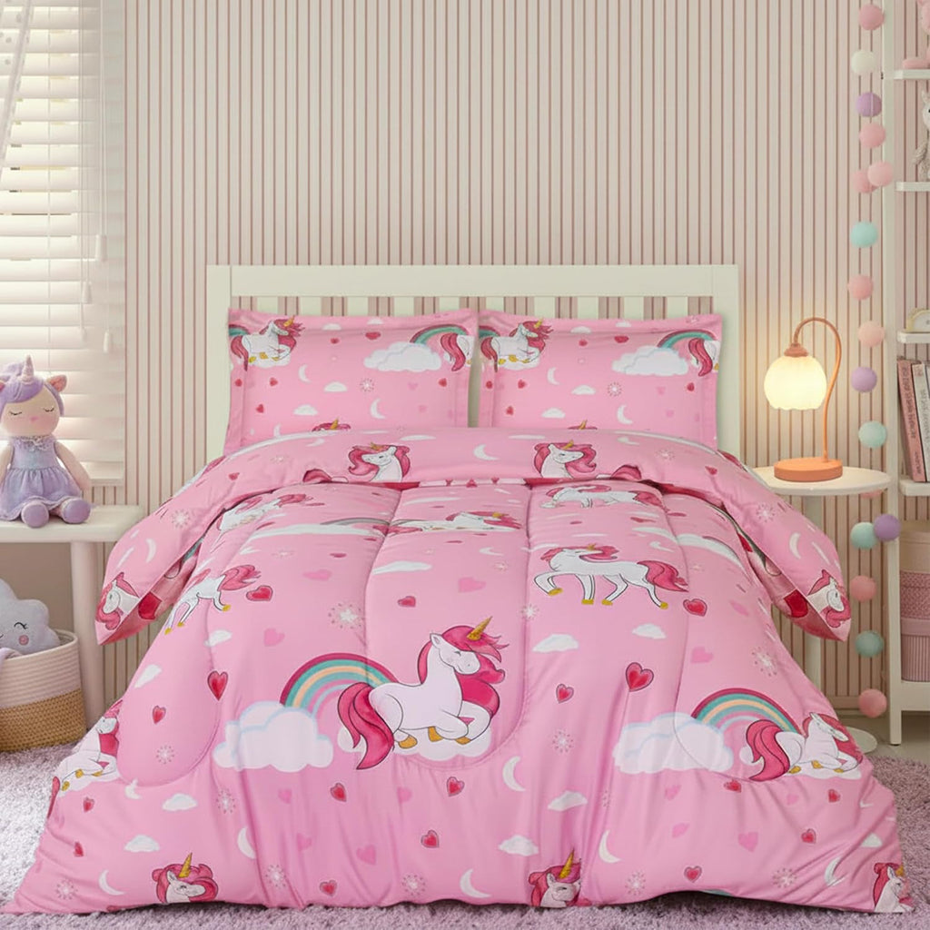 Unicorn Kids Comforter Set with 2 Pillow Shams, 3 Piece Soft Microfiber Twin Bed Comforter with Pillow Shams, Printed
