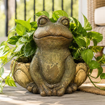Vintage Frog Outdoor Urn Planter 12.2in Tall, Outdoor Flower Pots Garden Porch Balcony, Distressed Antique Frog