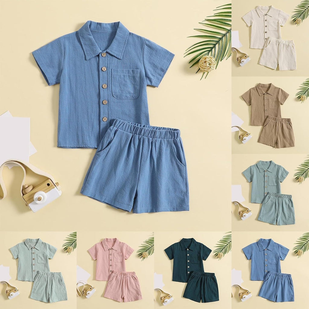 Toddler Baby Cotton Linen Shirt Sets Boys Girls Soft Gauze 2 Piece Outfits Short Sleeve Button Down Shirts Pull On