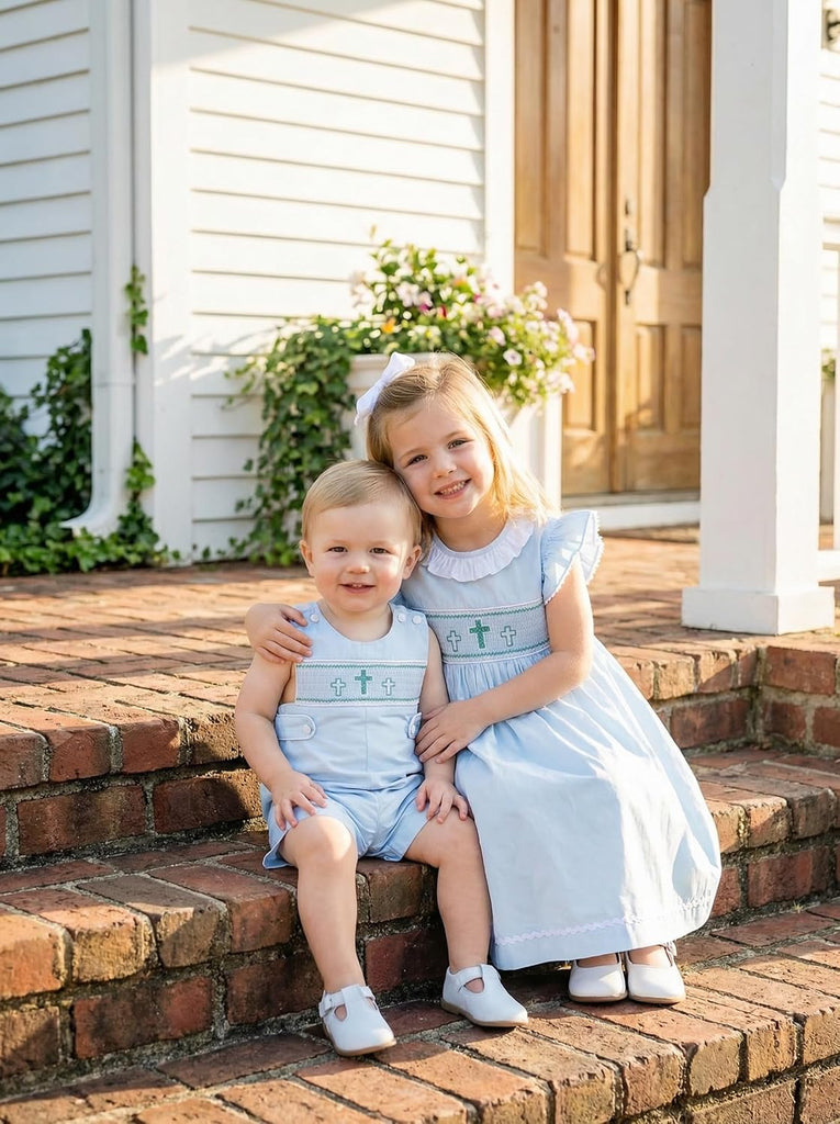 Baby Boys Blue Crosses Smocked Overalls