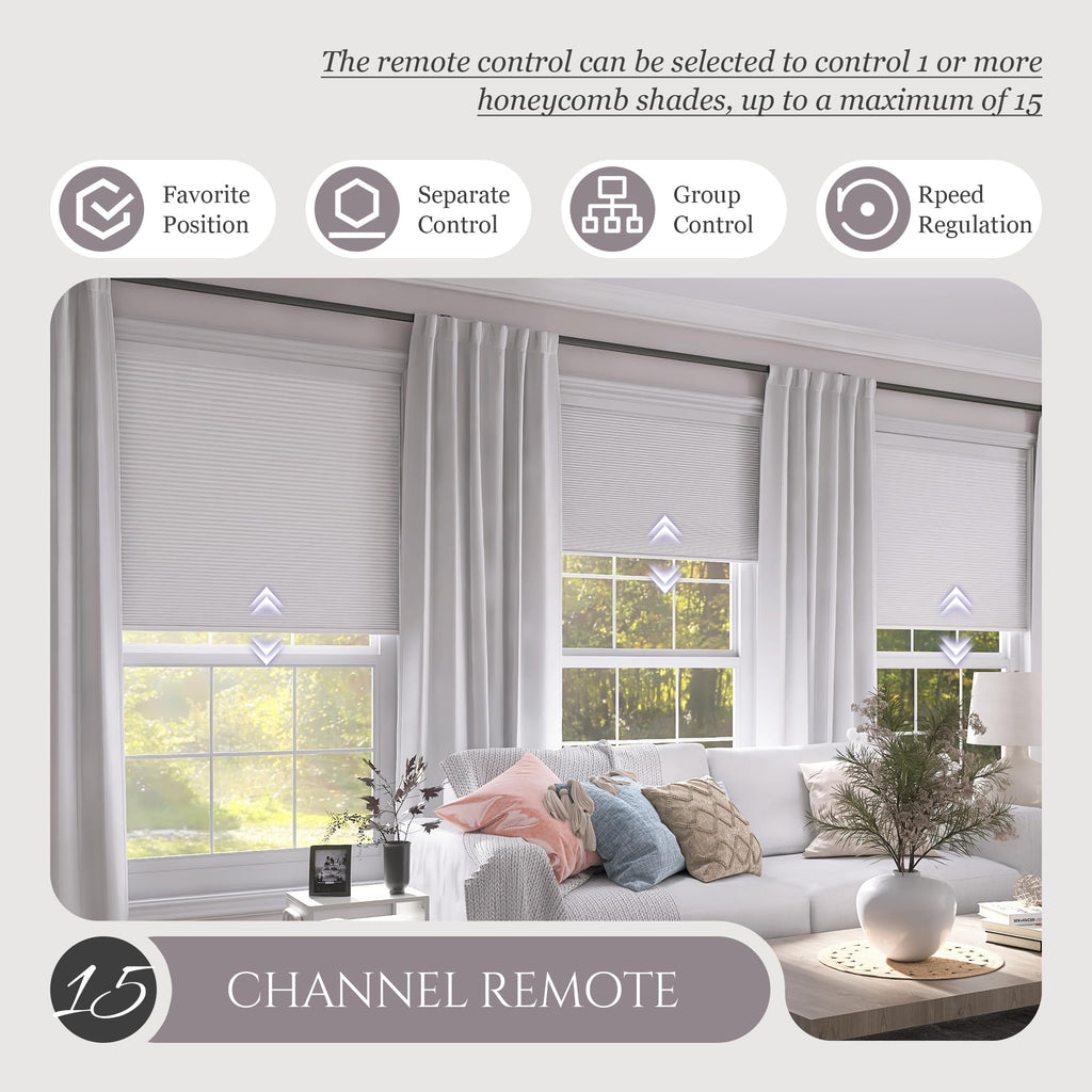 Motorized Cellular Shades with Cordless, Smart Electric Honeycomb Blind with Remote Control, Blackout or Light