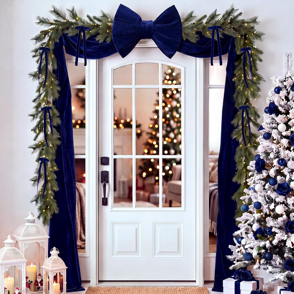 8.2ft Large Navy Blue Velvet Bow Christmas Tree Topper, 12pcs Ribbon Bows