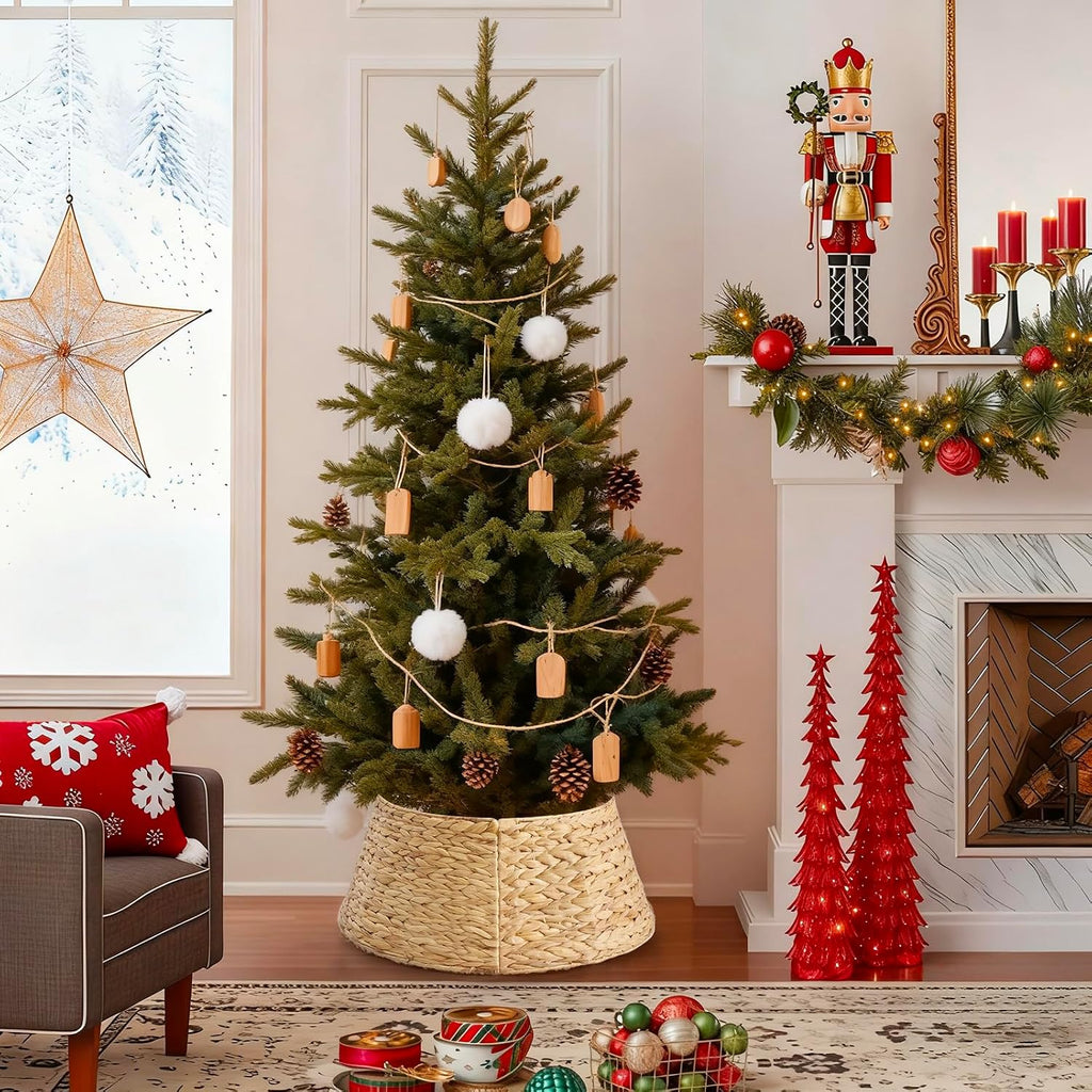 24inch Christmas Tree Collar for 4-7ft Trees, Woven Hyacinth Rattan 4-Panel Collar w/Cord Access Hole & Easy Lock