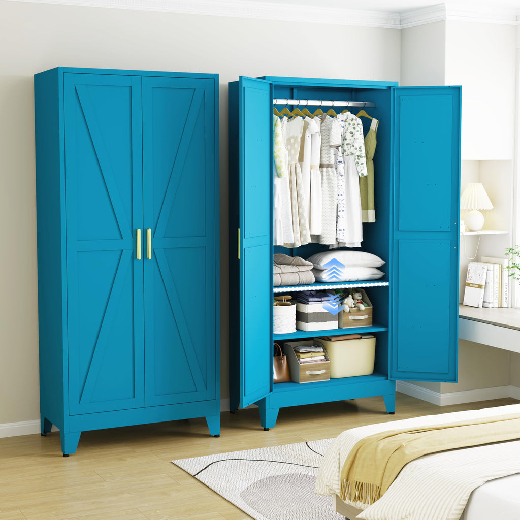 71" Metal Wardrobe Closet Clothing Storage Cabinet with Hanging Rod