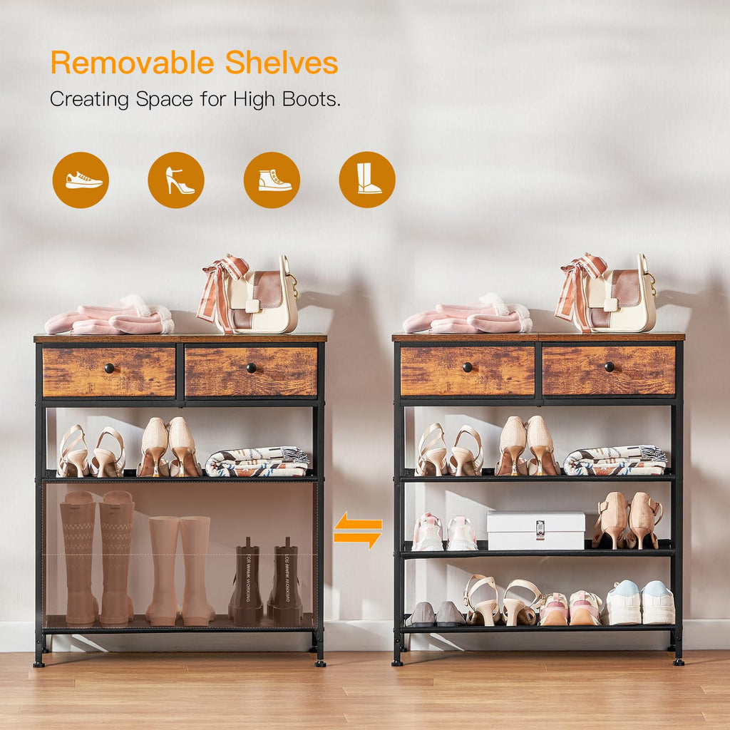 Shoe Rack, 4 Tier Shoe Storage Organizer with 2 Drawers, Metal Shoe Shelf for 9-12 Pairs of Shoes, with 3 Oxford