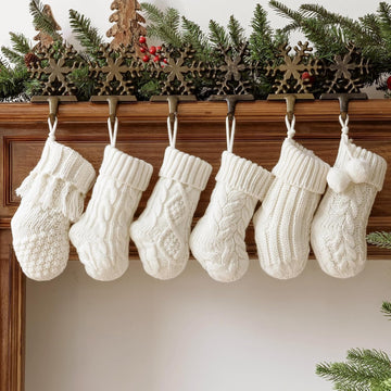 Rustic Mini Knitted Christmas Stockings: 6 Pack 9 Inch Beige Cable Knit Fireplace Stockings, Farmhouse Boho Style - Set of 6