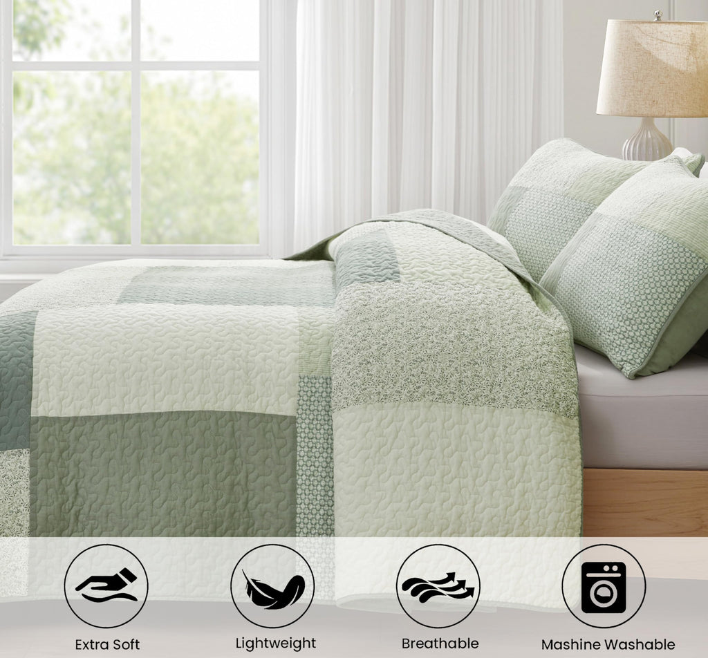 Elm 3-Piece Chic Patchwork Quilt Set - Green Floral Striped Coverlet - Pre-Washed Cotton Lightweight Reversible