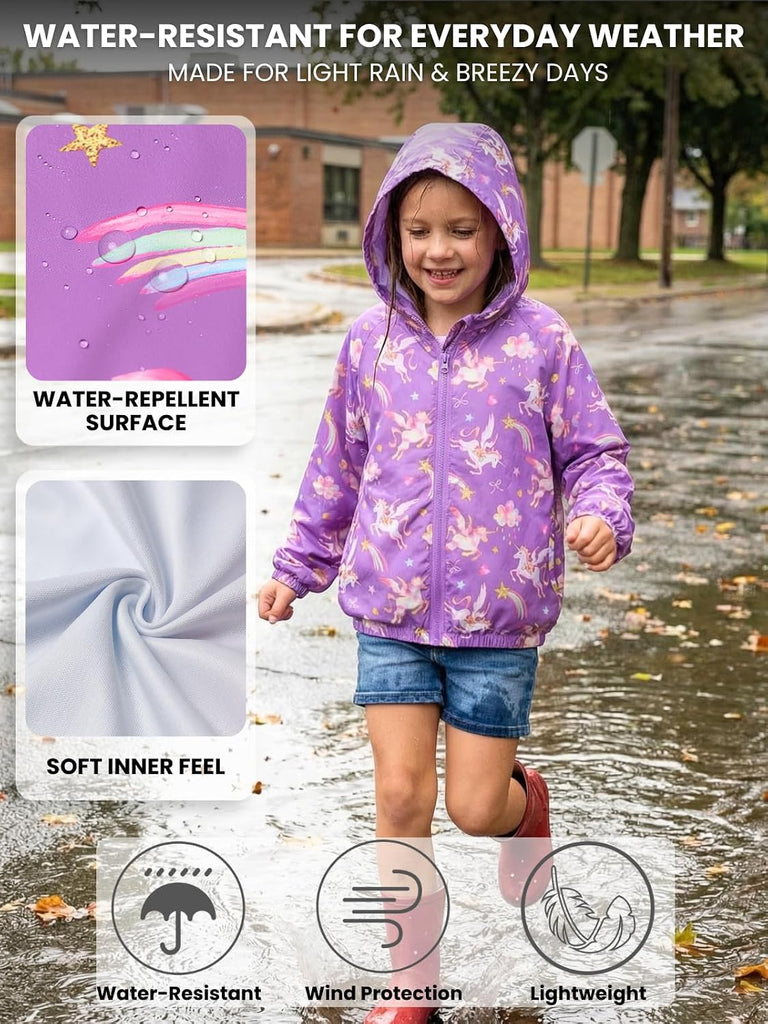 Girls Lightweight Hooded Jacket Kids Water-Resistant Windbreaker Printed Jacket