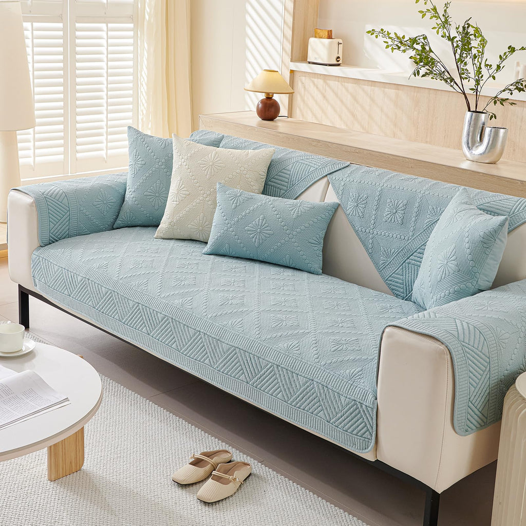 Boho Cotton Quilted Sofa Couch Cover Washable Soft Non Slip Sectional Couch Covers Floral Embroidery Sofa Slipcover