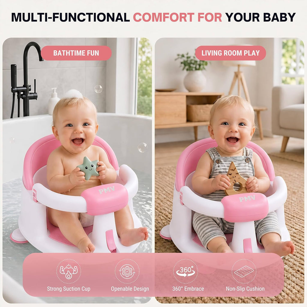 Baby Bath Seat for Sitting Babies, Non-Slip Baby Bath Chair with 3 Suction Cups, Safe & Comfortable Toddler Bath