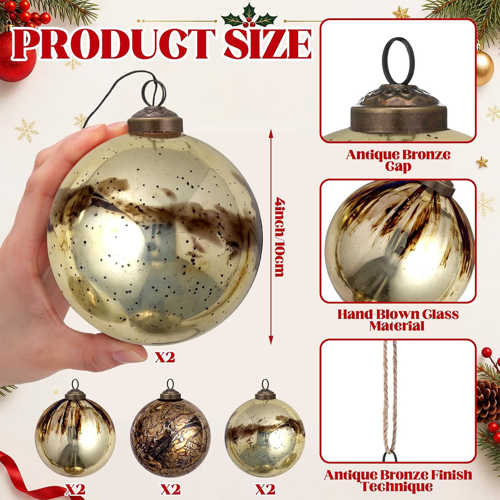 6 Pcs Vintage Glass Christmas Ornaments 4 Inch Retro Antiqued Ball