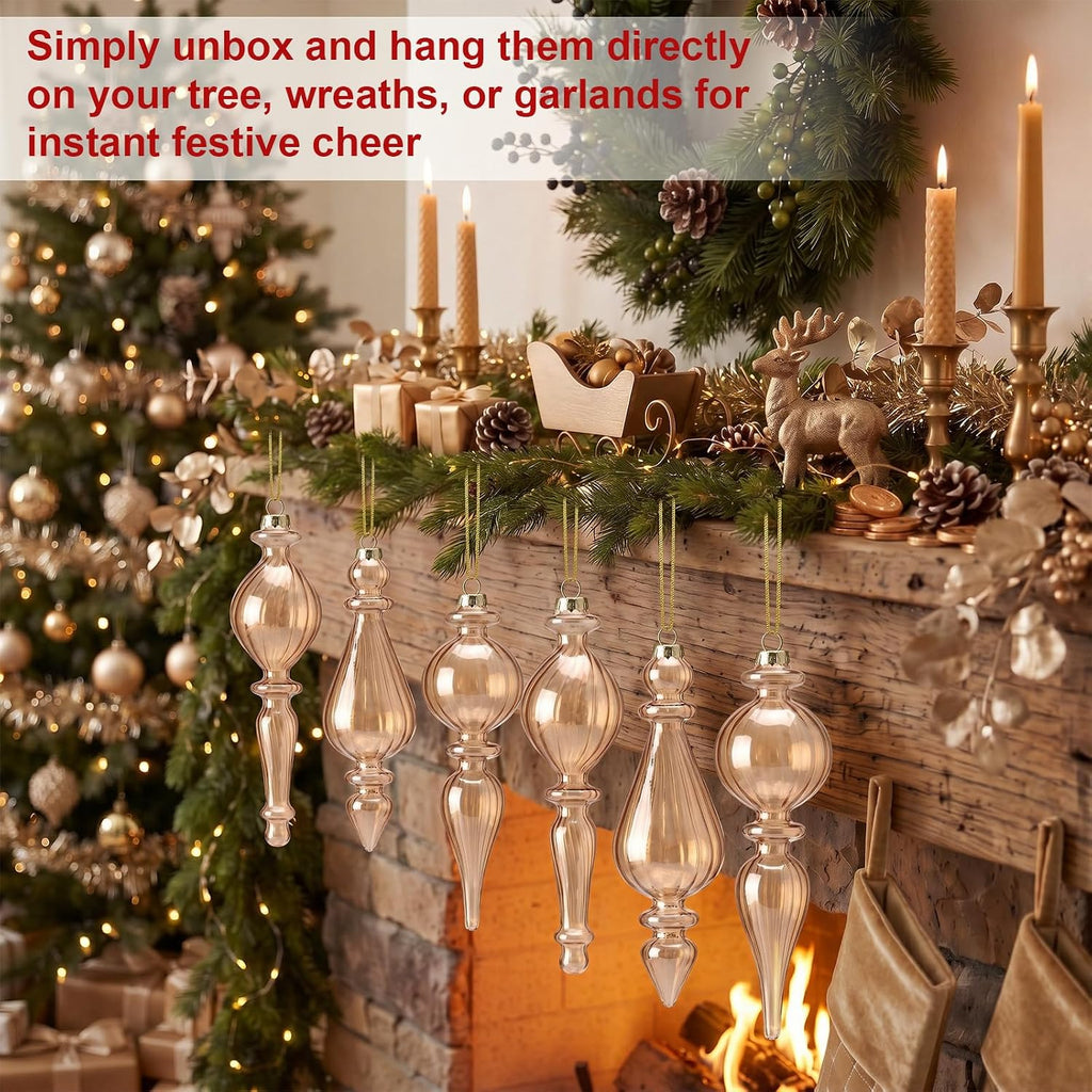 6 Pcs Champagne Crystal Glass Christmas Finial Ornaments